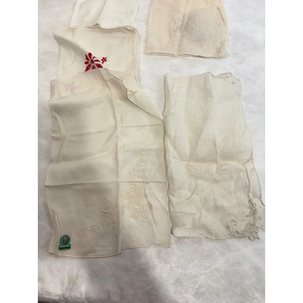 Vintage Handkerchief‎ Lot 5pc Embroidered Floral Lace Rayon White Cream Red